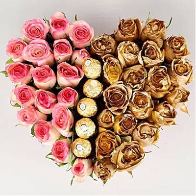 Pink & Gold Roses Extravaganza In Heart Shaped Box